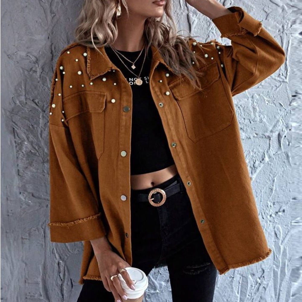 SHEIN LUNE Pearls Beaded Drop Shoulder Raw Hem Coat